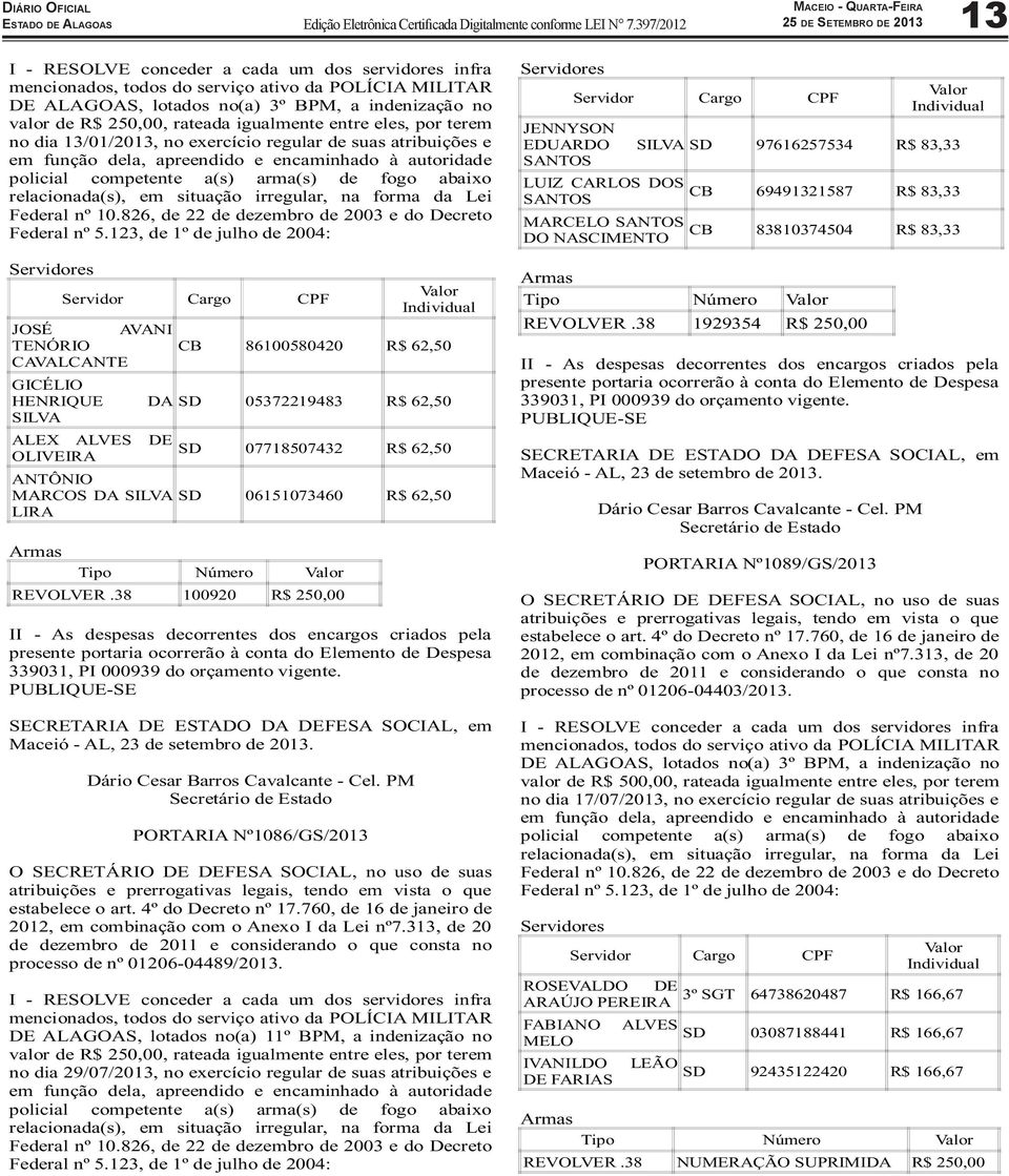 abaixo relacionada(s), em situação irregular, na forma da Lei Federal nº 10.826, de 22 de dezembro de 2003 e do Decreto Federal nº 5.