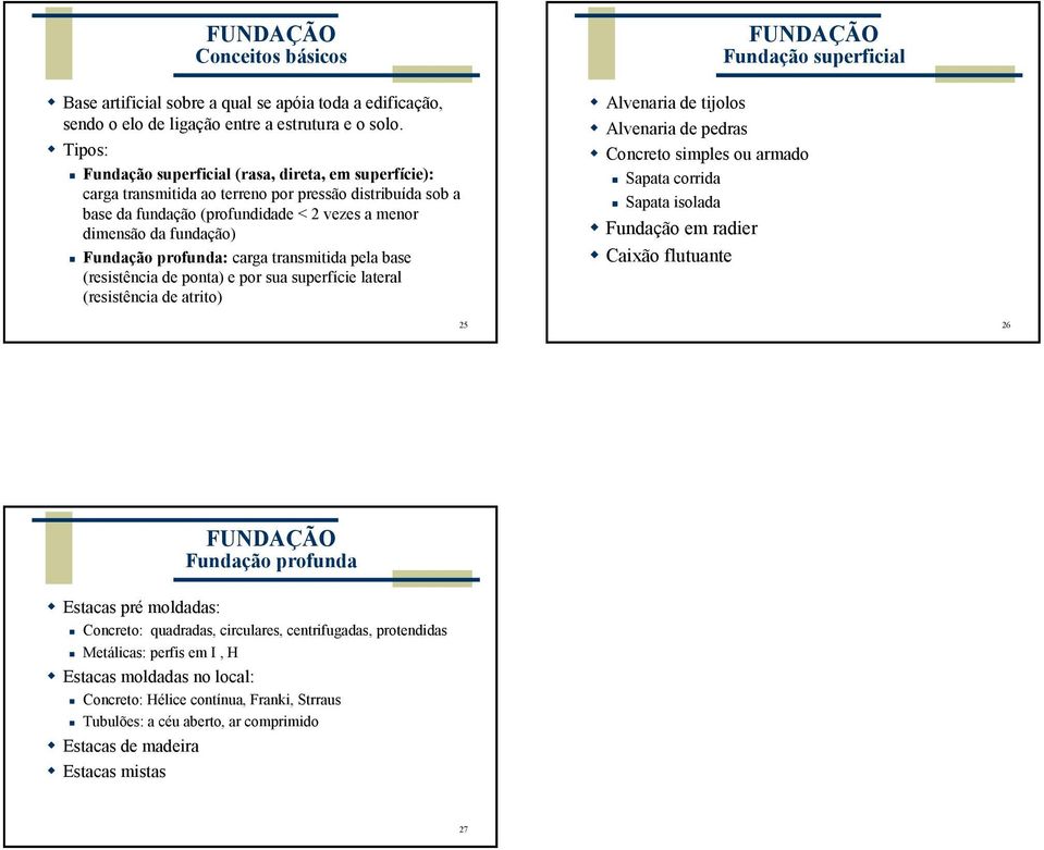 profunda: carga transmitida pela base (resistência de ponta) e por sua superfície lateral (resistência de atrito) FUNDAÇÃO Fundação superficial Alvenaria de tijolos Alvenaria de pedras Concreto