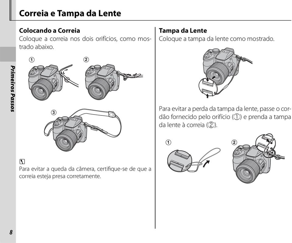 Primeiros Passos Para evitar a perda da tampa da lente, passe o cordão fornecido pelo orifício