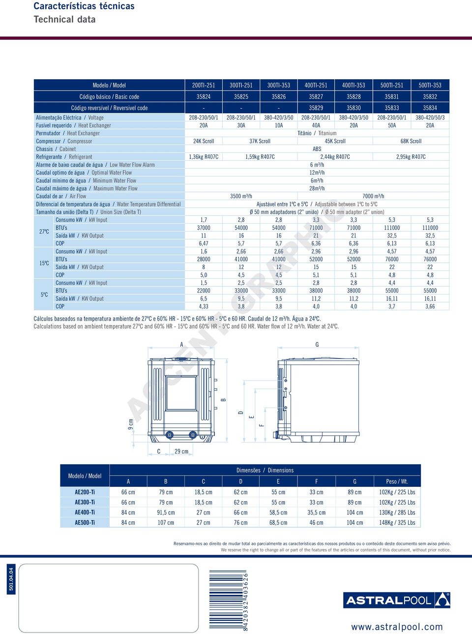 requerido / Heat Exchanger 20A 30A 10A 40A 20A 50A 20A Permutador / Heat Exchanger Titânio / Titanium Compressor / Compressor 24K Scroll 37K Scroll 45K Scroll 68K Scroll Chassis / Cabinet ABS