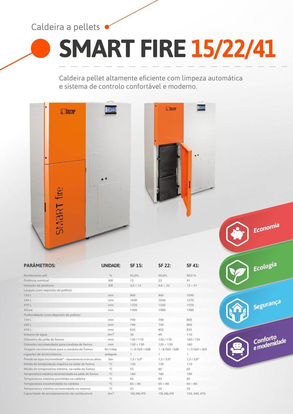 L Altura 860 1040 1320 1480 860 1040 1320 1480 1090 1270 1550 1480 Segurança Prfundidade (cm depóit de pellet) 150 L 740 740 800 240 L 740 740 800 470 L Vlume de água Diâmetr da aída de fum Diâmetr