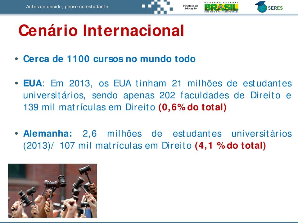 Direito e 139 mil matrículas em Direito (0,6% do total) Alemanha: 2,6 milhões