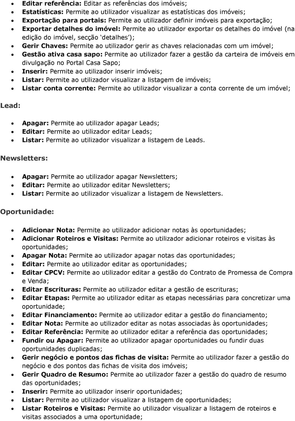 com um imóvel; Gestão ativa casa sapo: Permite ao utilizador fazer a gestão da carteira de imóveis em divulgação no Portal Casa Sapo; Inserir: Permite ao utilizador inserir imóveis; Listar: Permite
