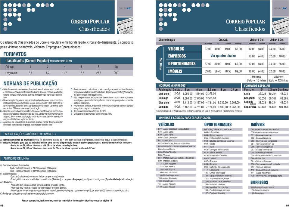 ) A) Formatos mínimos de anúncios: deverá ter no mínimo a altura de cm, com exceção de Empregos, que deverá seguir o padrão modular.