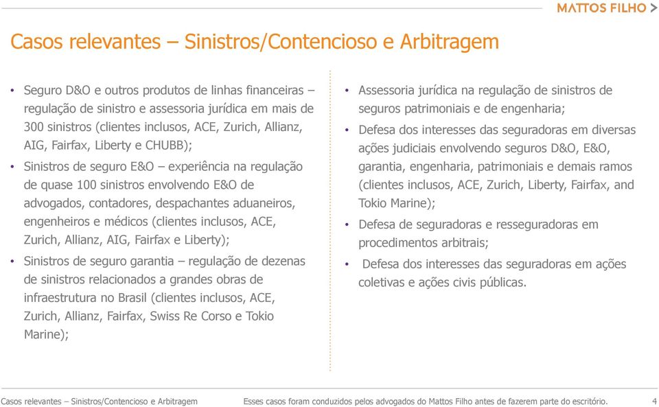 e médicos (clientes inclusos, ACE, Zurich, Allianz, AIG, Fairfax e Liberty); Sinistros de seguro garantia regulação de dezenas de sinistros relacionados a grandes obras de infraestrutura no Brasil