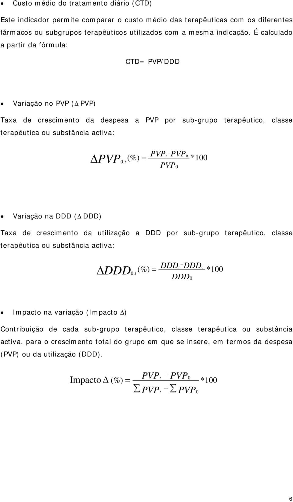 PVP PVP0 0 *100 Variação na DDD (Δ DDD) Taxa de crescimento da utilização a DDD por sub-grupo terapêutico, classe terapêutica ou substância activa: Δ DDD0, t (%) = DDDt DDD DDD0 0 *100 Impacto na