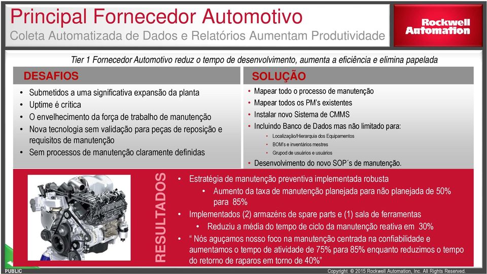 manutenção Sem processos de manutenção claramente definidas SOLUÇÃO Mapear todo o processo de manutenção Mapear todos os PM s existentes Instalar novo Sistema de CMMS Incluindo Banco de Dados mas não