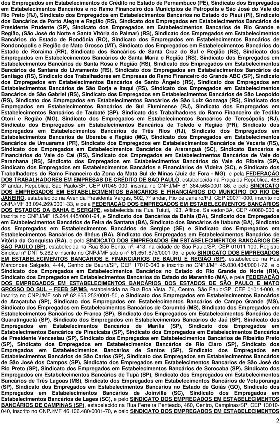 Bancários de Presidente Prudente (SP), Sindicato dos Empregados em Estabelecimentos Bancários de Rio Grande e Região, (São José do Norte e Santa Vitória do Palmar) (RS), Sindicato dos Empregados em