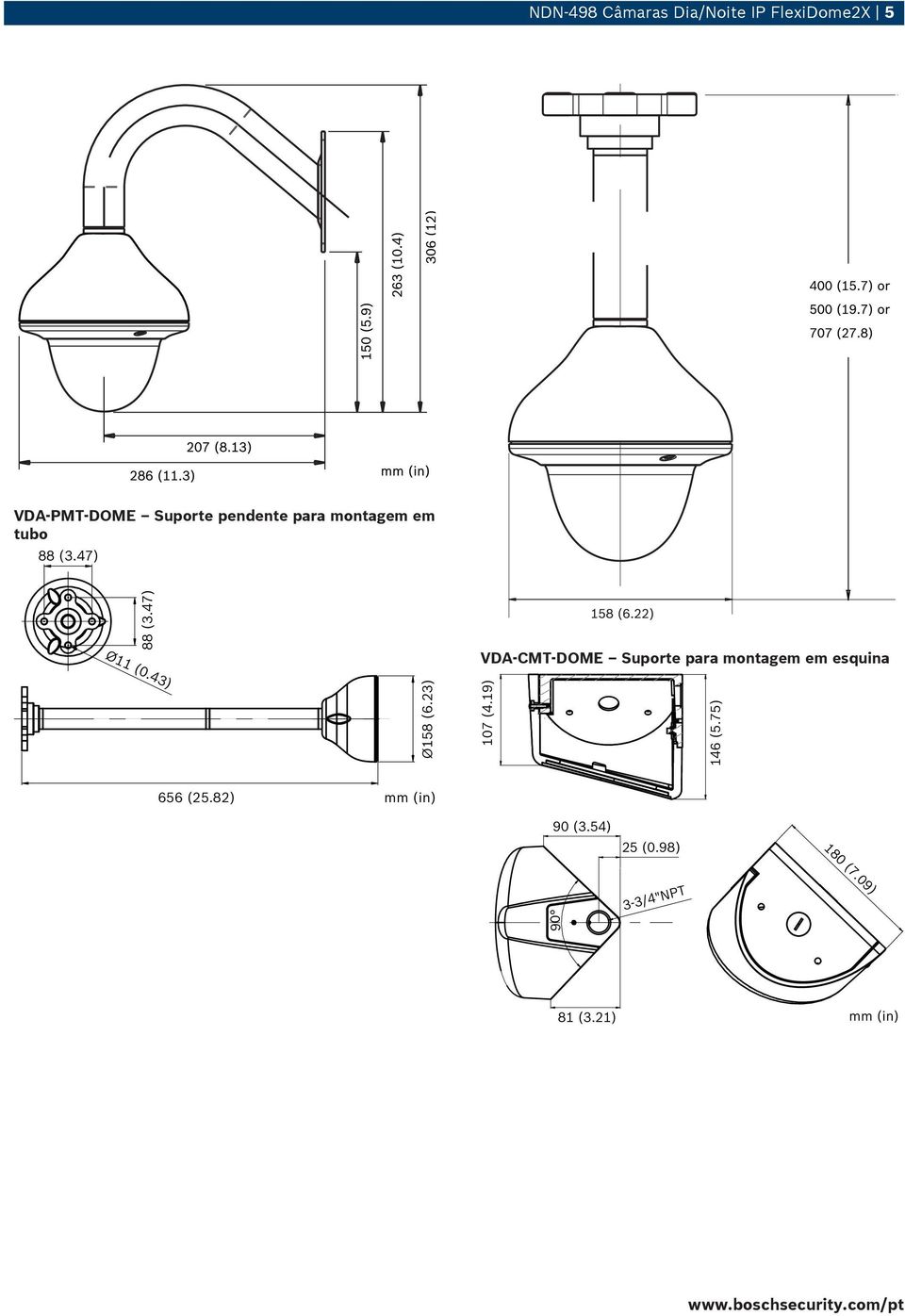 43) VDA-CMT-DOME Suporte para montagem em esquina Ø158 (6.23) 107 (4.