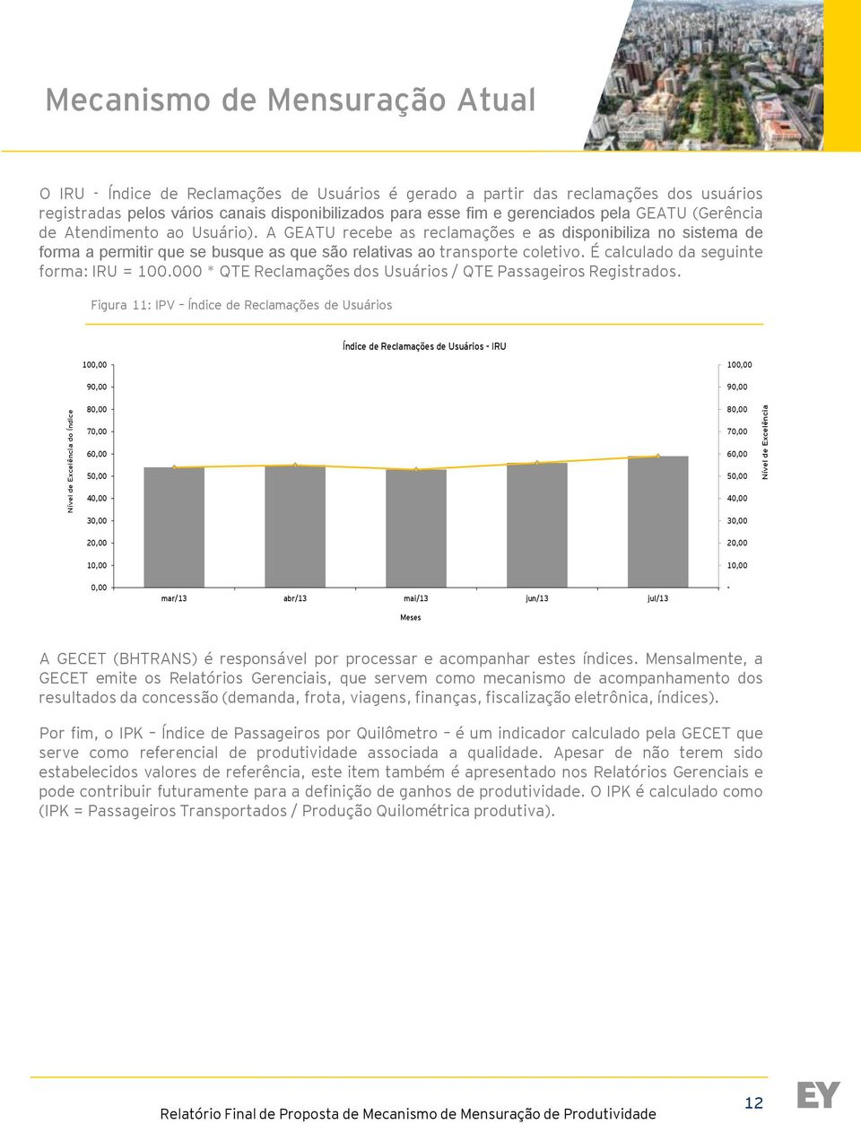 A GEATU recebe as reclamações e as disponibiliza no sistema de forma a permitir que se busque as que são relativas ao transporte coletivo. É calculado da seguinte forma: IRU = 100.