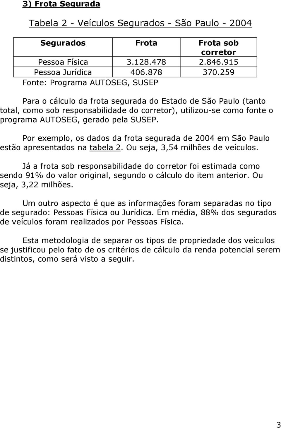 SUSEP. Por exemplo, os dados da frota segurada de 2004 em São Paulo estão apresentados na tabela 2. Ou seja, 3,54 milhões de veículos.