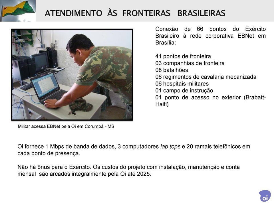 (Brabatt- Haiti) Militar acessa EBNet pela Oi em Corumbá - MS Oi fornece 1 Mbps de banda de dados, 3 computadores lap tops e 20 ramais telefônicos em