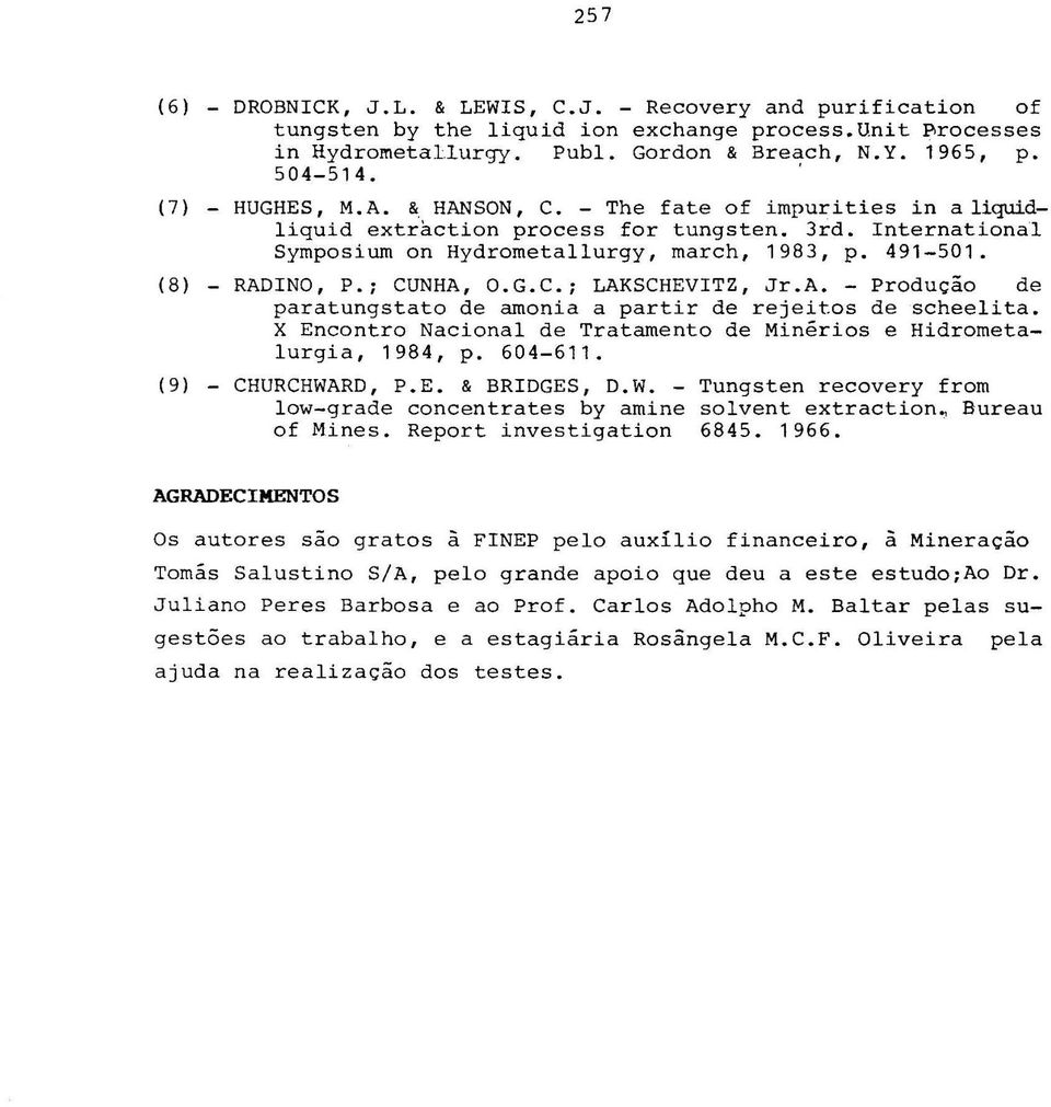 ; CUNHA, O.G.C.; LAKSCHEVITZ, Jr.A. -Prduçã de paratungstat de amnia a partir de rejeites de scheelita. X Encntr Nacinal de Tratament de Minéris e Hidrmetalurgia, 1984, p. 604-611.