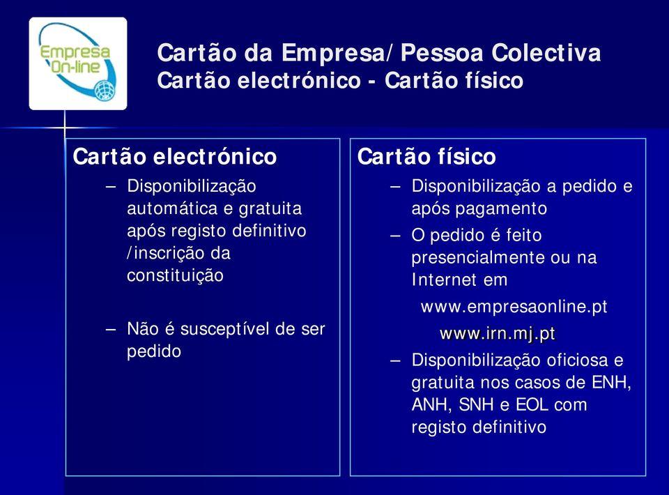 físico Disponibilização a pedido e após pagamento O pedido é feito presencialmente ou na Internet em www.