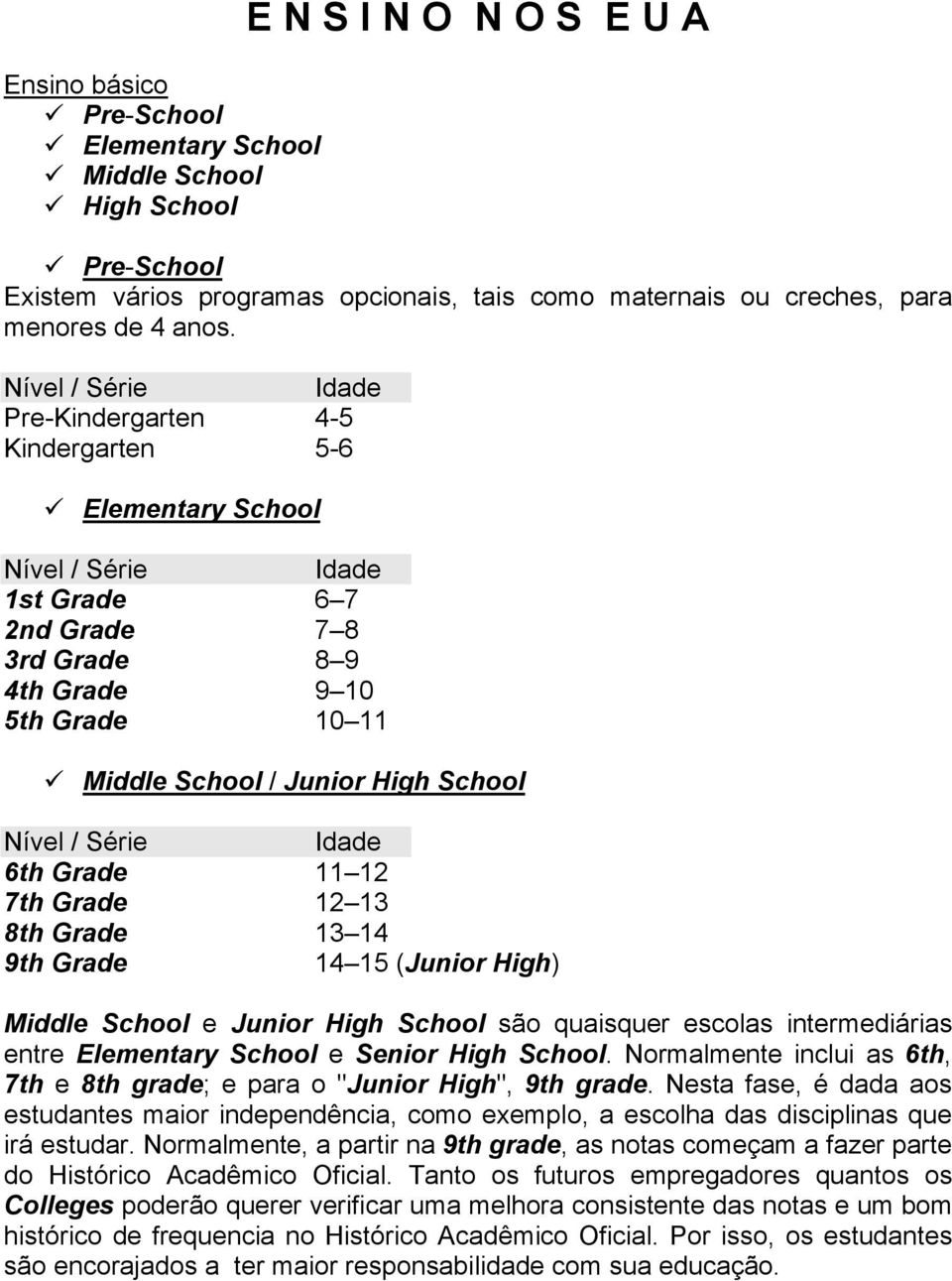 Grade 13 14 9th Grade 14 15 (Junior High) Middle School e Junior High School são quaisquer escolas intermediárias entre Elementary School e Senior High School.