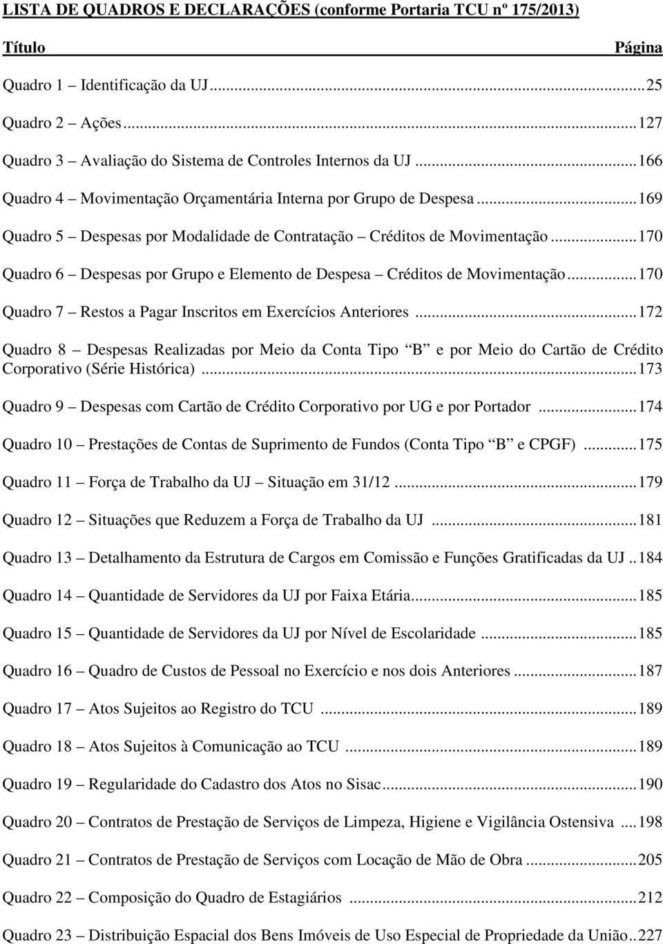 ..170 Quadro 6 Despesas por Grupo e Elemento de Despesa Créditos de Movimentação...170 Quadro 7 Restos a Pagar Inscritos em Exercícios Anteriores.