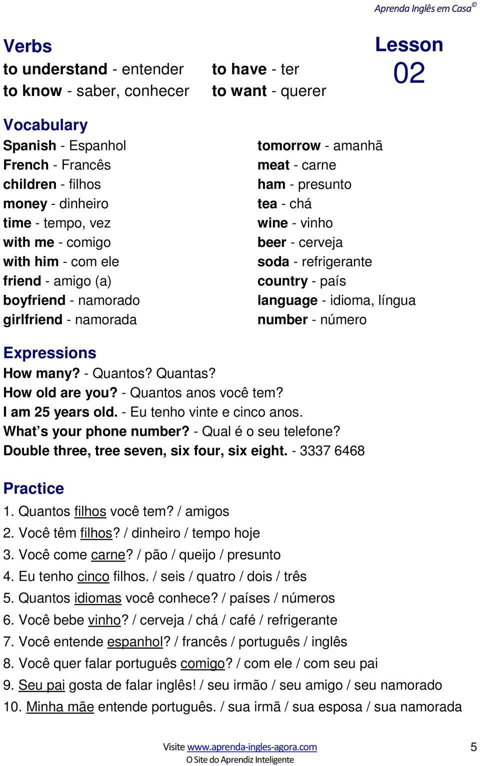 - cerveja soda - refrigerante country - país language - idioma, língua number - número Expressions How many? - Quantos? Quantas? How old are you? - Quantos anos você tem? I am 25 years old.