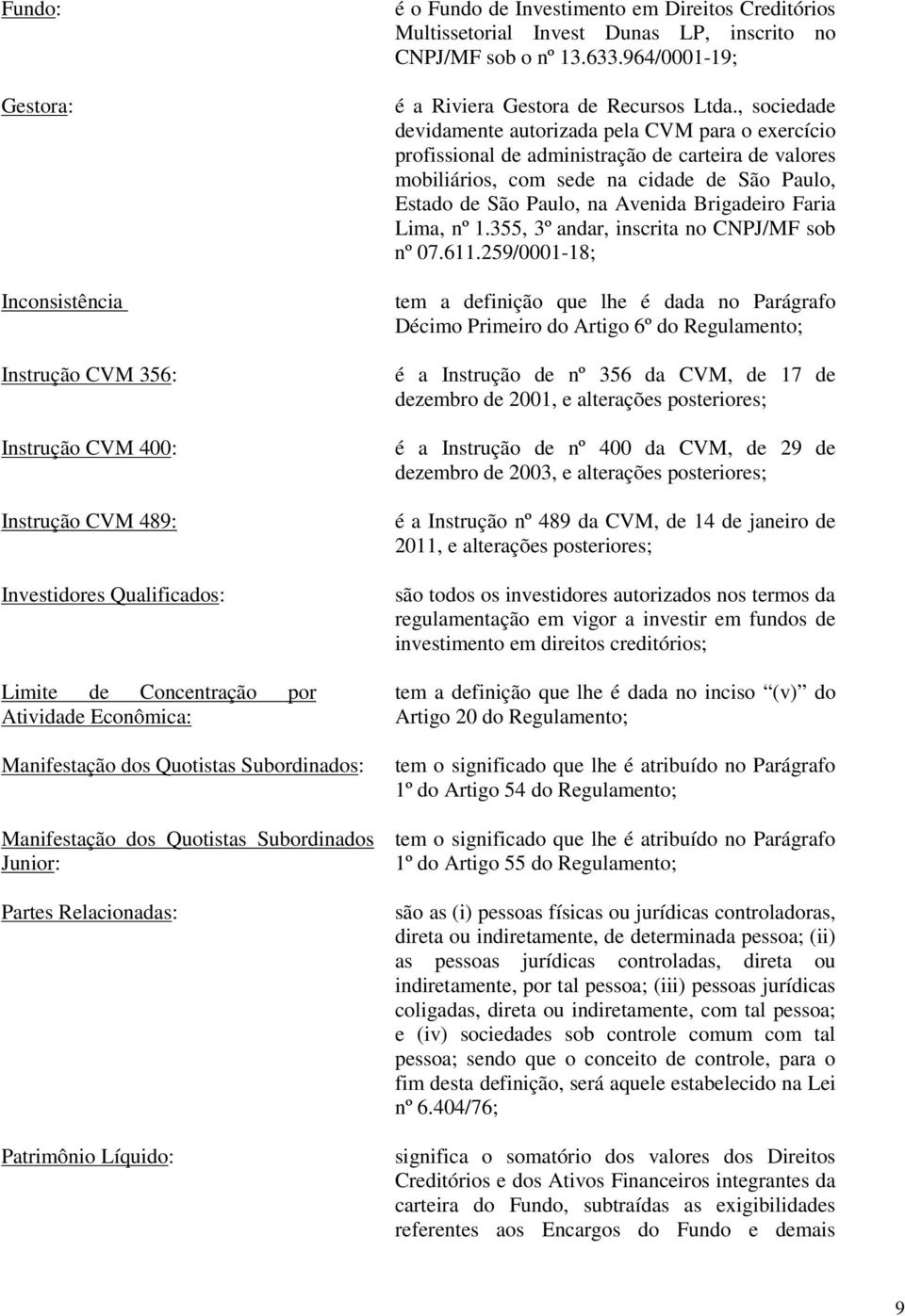 CNPJ/MF sob o nº 13.633.964/0001-19; é a Riviera Gestora de Recursos Ltda.
