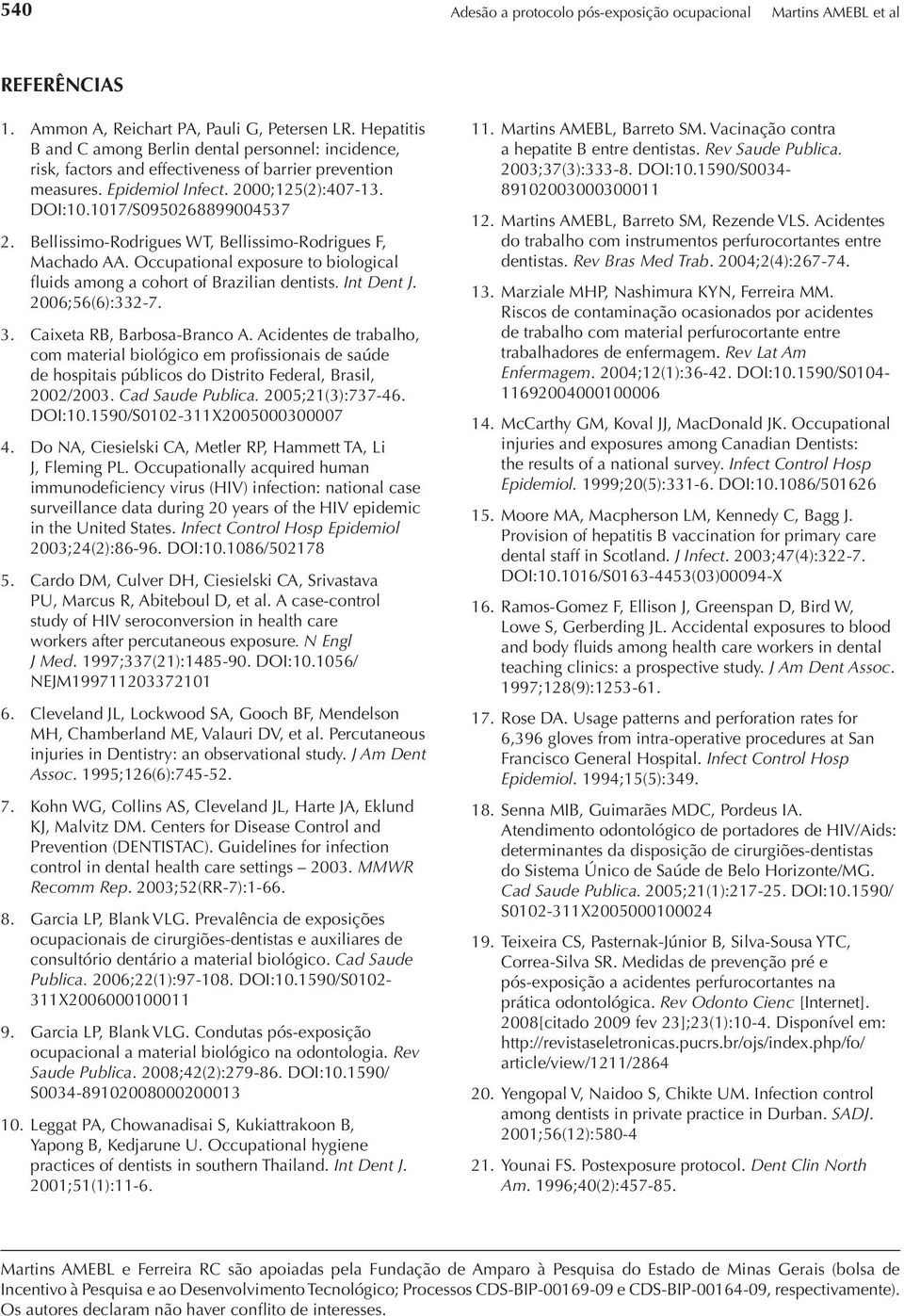 Bellissimo-Rodrigues WT, Bellissimo-Rodrigues F, Machado AA. Occupational exposure to biological fluids among a cohort of Brazilian dentists. Int Dent J. 2006;56(6):332-7. 3.