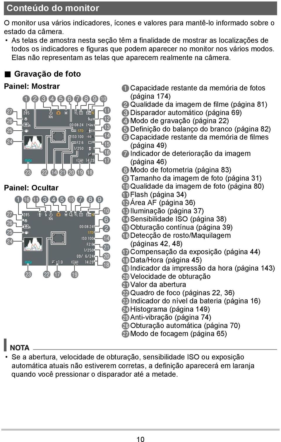 Elas não representam as telas que aparecem realmente na câmera.