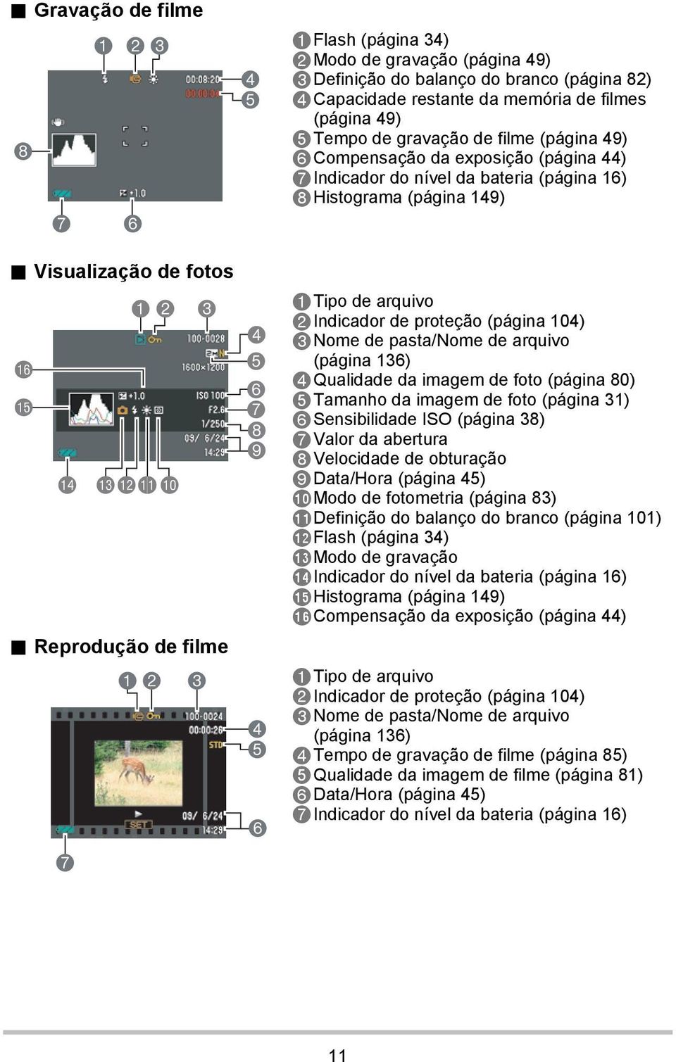 Reprodução de filme 7 12 3 4 5 6 7 8 9 4 5 6 1Tipo de arquivo 2Indicador de proteção (página 104) 3Nome de pasta/nome de arquivo (página 136) 4Qualidade da imagem de foto (página 80) 5Tamanho da