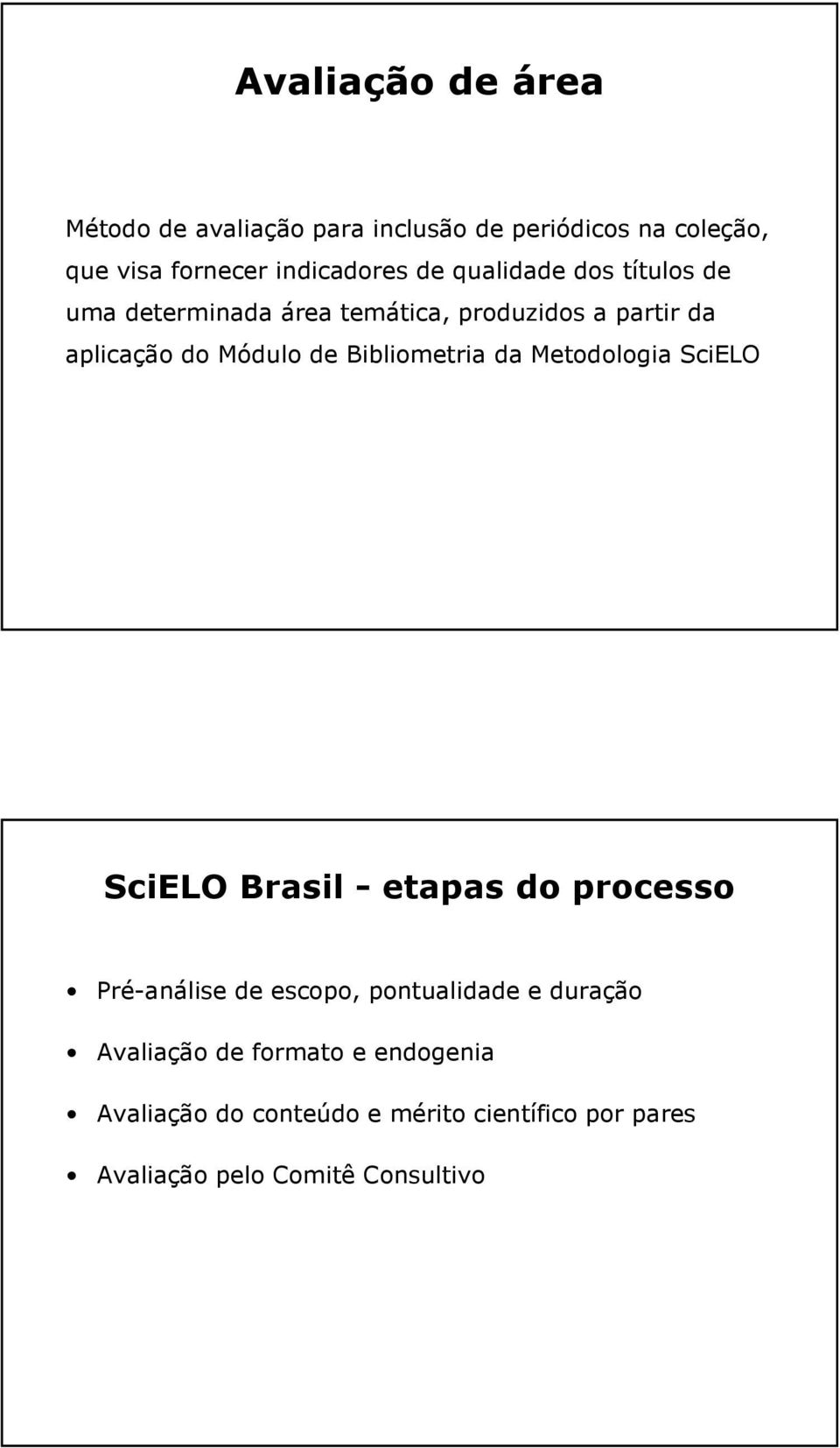 Bibliometria da Metodologia SciELO SciELO Brasil - etapas do processo Pré-análise de escopo, pontualidade e