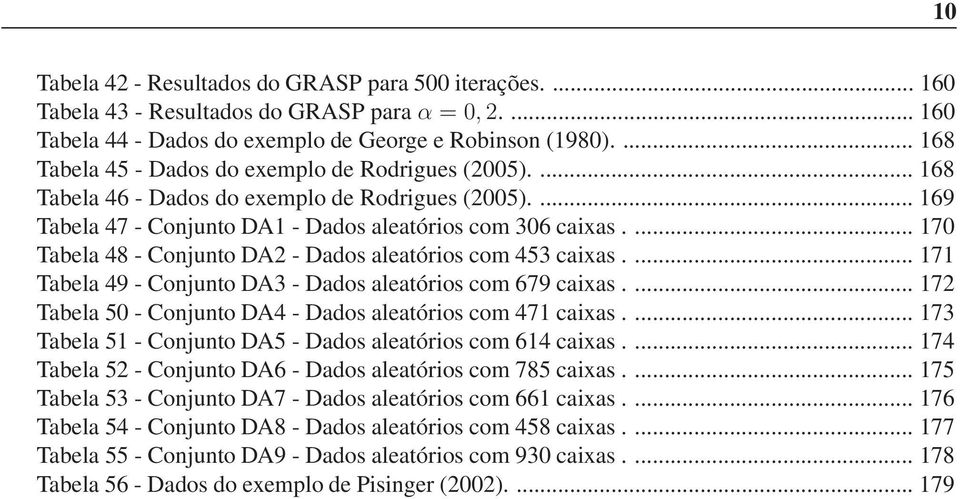 ... 170 Tabela 48 - Conjunto DA2 - Dados aleatórios com 453 caixas.... 171 Tabela 49 - Conjunto DA3 - Dados aleatórios com 679 caixas.... 172 Tabela 50 - Conjunto DA4 - Dados aleatórios com 471 caixas.