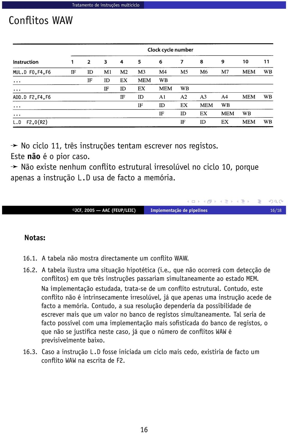 16.2. A tabela ilustra uma situação hipotética (i.e., que não ocorrerá com detecção de conflitos) em que três instruções passariam simultaneamente ao estado MEM.