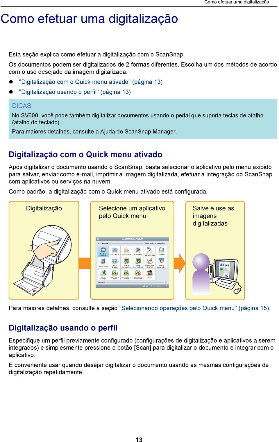 "Digitalização com o Quick menu ativado" (página 13) "Digitalização usando o perfil" (página 13) DICAS No SV600, você pode também digitalizar documentos usando o pedal que suporta teclas de atalho