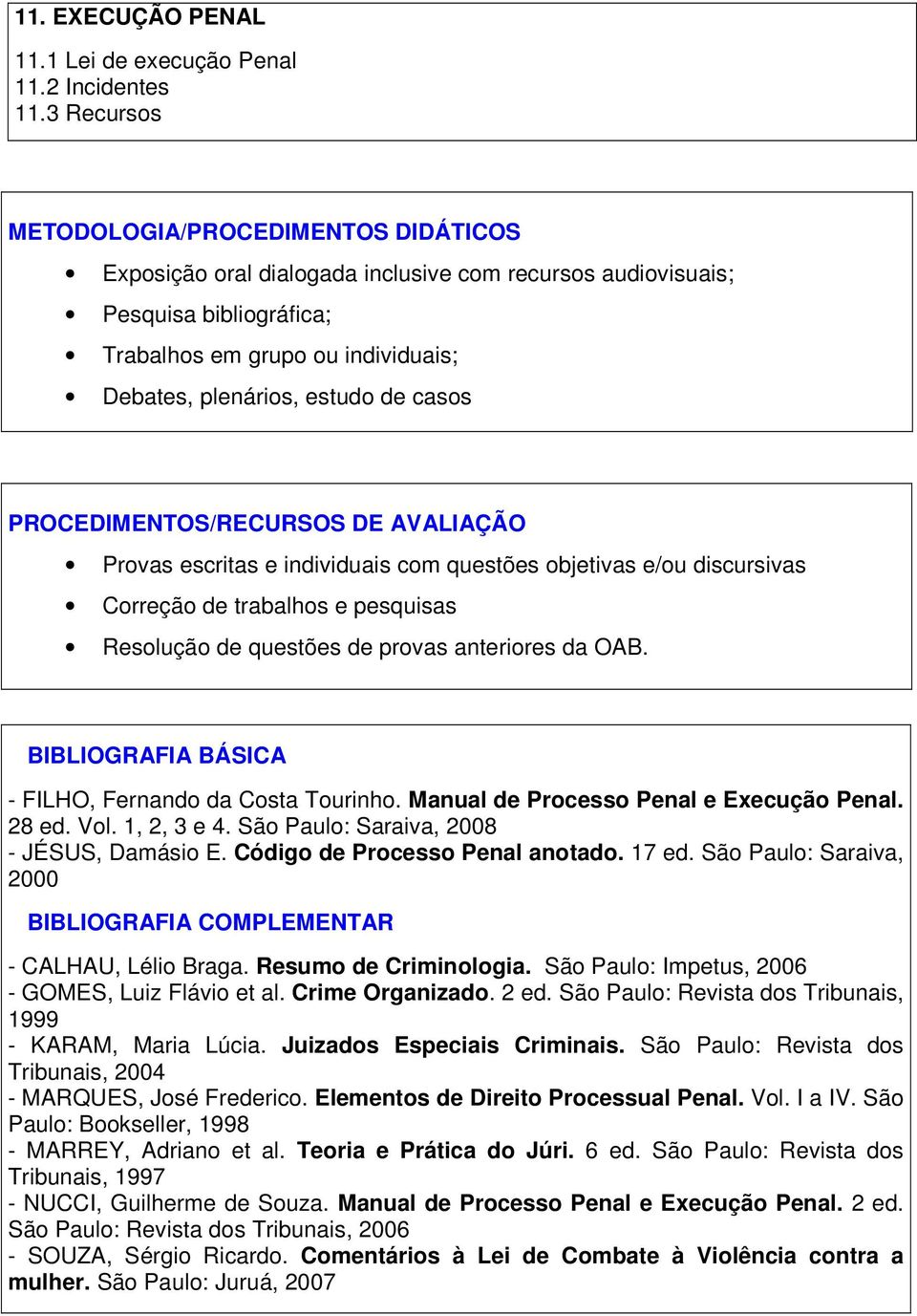 casos PROCEDIMENTOS/RECURSOS DE AVALIAÇÃO Provas escritas e individuais com questões objetivas e/ou discursivas Correção de trabalhos e pesquisas Resolução de questões de provas anteriores da OAB.