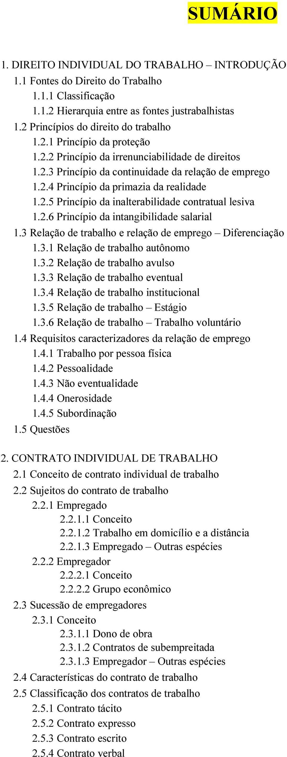 2.6 Princípio da intangibilidade salarial 1.3 Relação de trabalho e relação de emprego Diferenciação 1.3.1 Relação de trabalho autônomo 1.3.2 Relação de trabalho avulso 1.3.3 Relação de trabalho eventual 1.