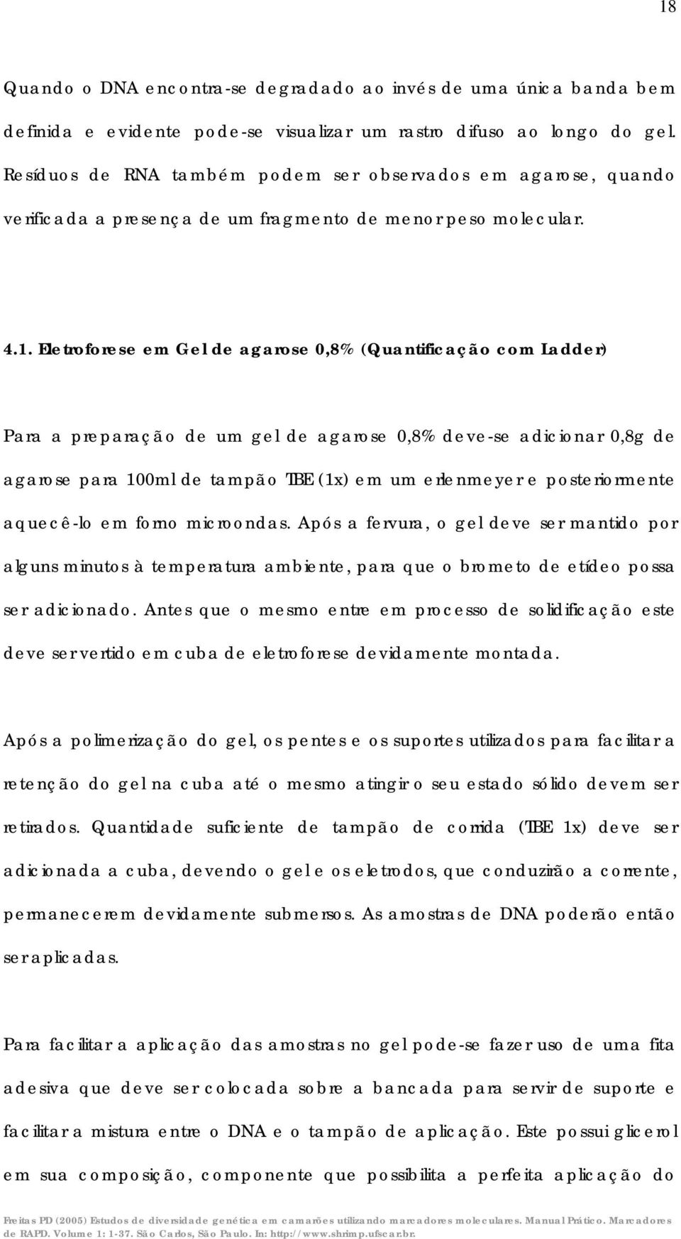 Eletroforese em Gel de agarose 0,8% (Quantificação com Ladder) Para a preparação de um gel de agarose 0,8% deve-se adicionar 0,8g de agarose para 100ml de tampão TBE (1x) em um erlenmeyer e