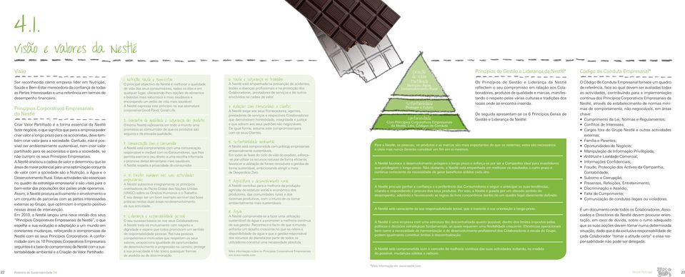 Princípios Corporativos Empresariais da Nestlé Criar Valor Partilhado é a forma essencial da Nestlé fazer negócio, o que significa que para a empresa poder criar valor a longo prazo para os