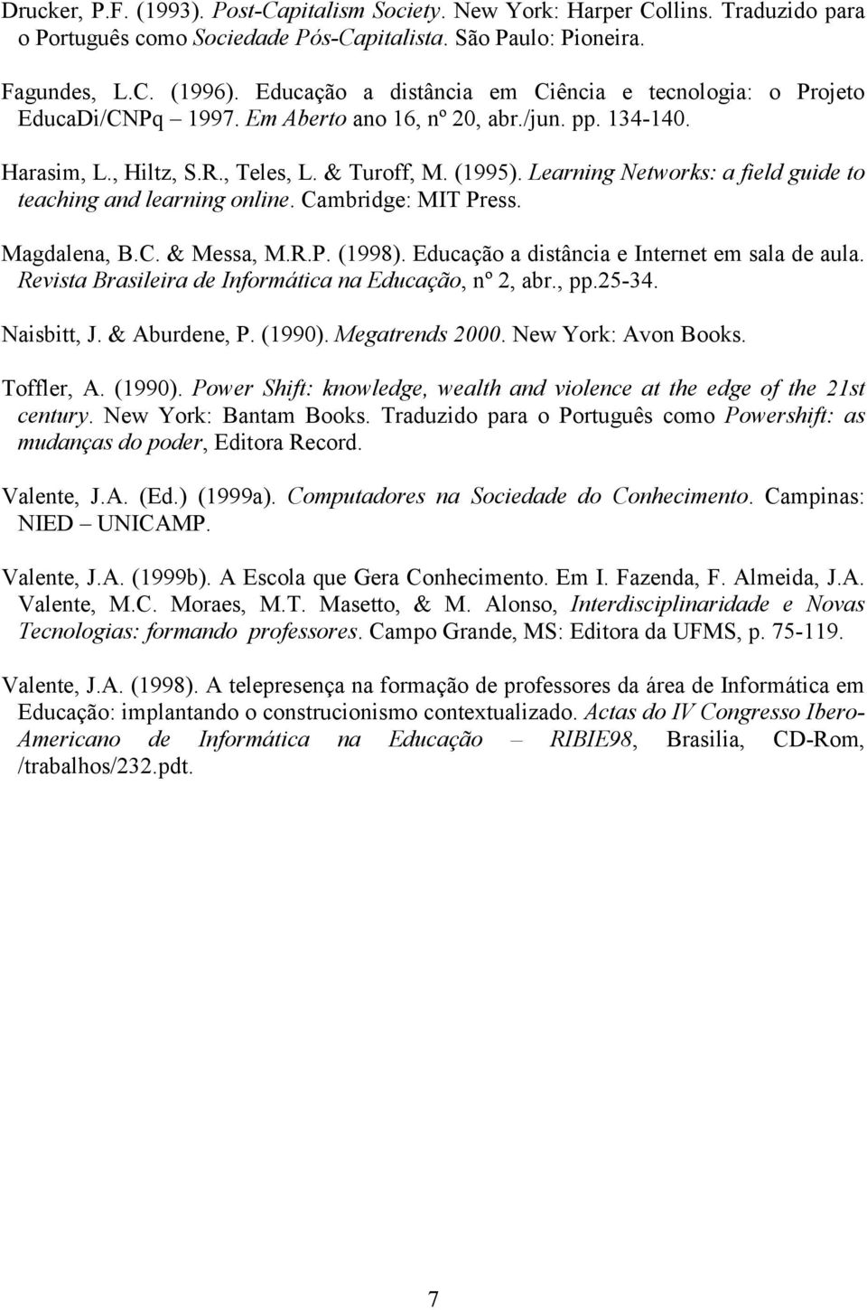 Learning Networks: a field guide to teaching and learning online. Cambridge: MIT Press. Magdalena, B.C. & Messa, M.R.P. (1998). Educação a distância e Internet em sala de aula.