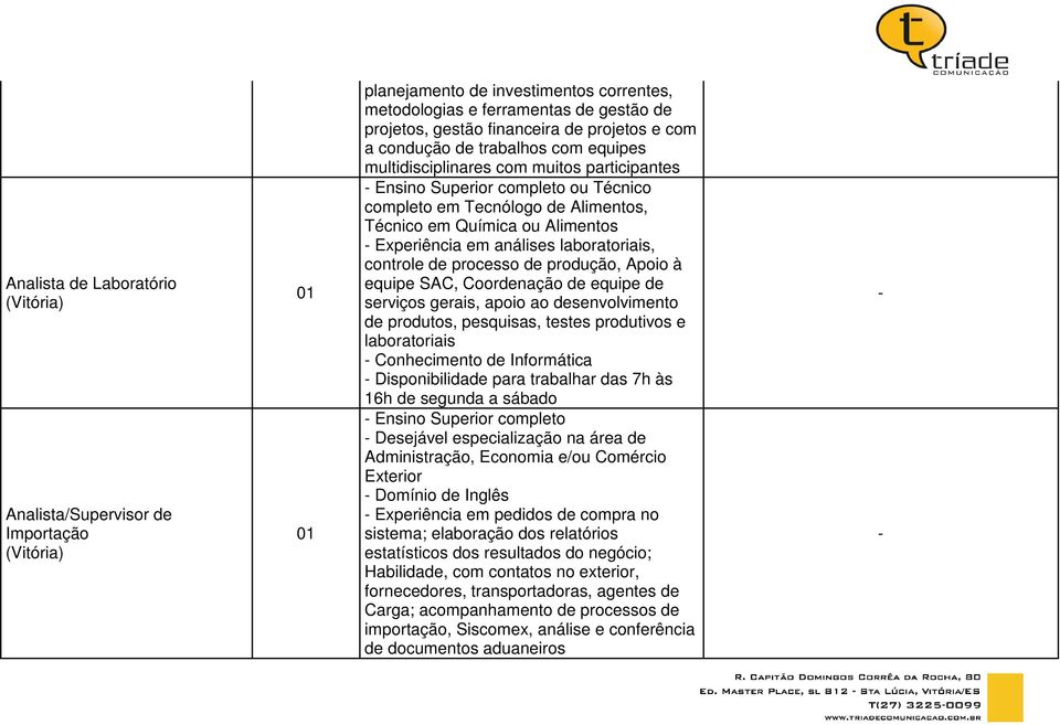 Experiência em análises laboratoriais, controle de processo de produção, Apoio à equipe SAC, Coordenação de equipe de serviços gerais, apoio ao desenvolvimento de produtos, pesquisas, testes