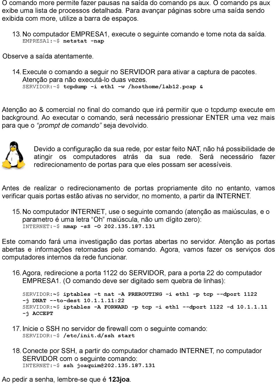 EMPRESA1:~$ netstat -nap Observe a saída atentamente. 14.Execute o comando a seguir no SERVIDOR para ativar a captura de pacotes. Atenção para não executá-lo duas vezes.