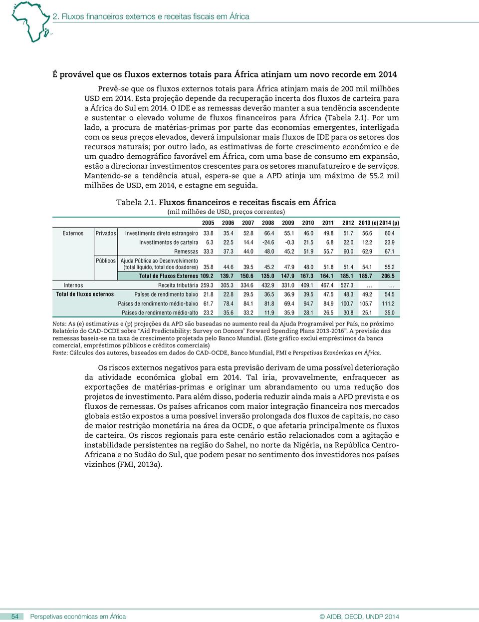 O IDE e as remessas deverão manter a sua tendência ascendente e sustentar o elevado volume de fluxos financeiros para África (Tabela 2.1).