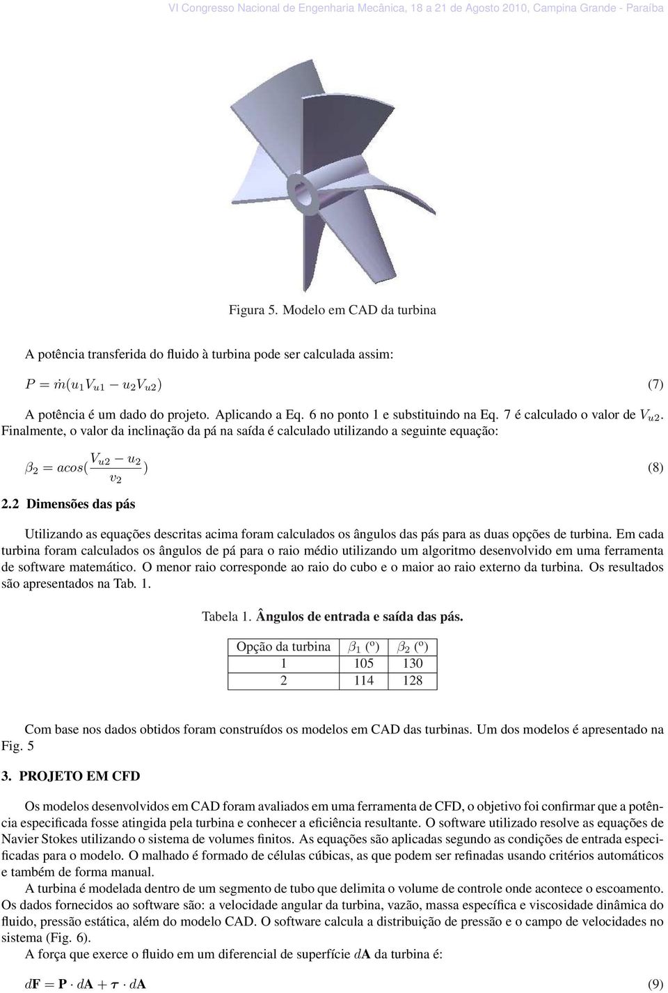 2 Dimensões das pás Utilizando as equações descritas acima foram calculados os ângulos das pás para as duas opções de turbina.