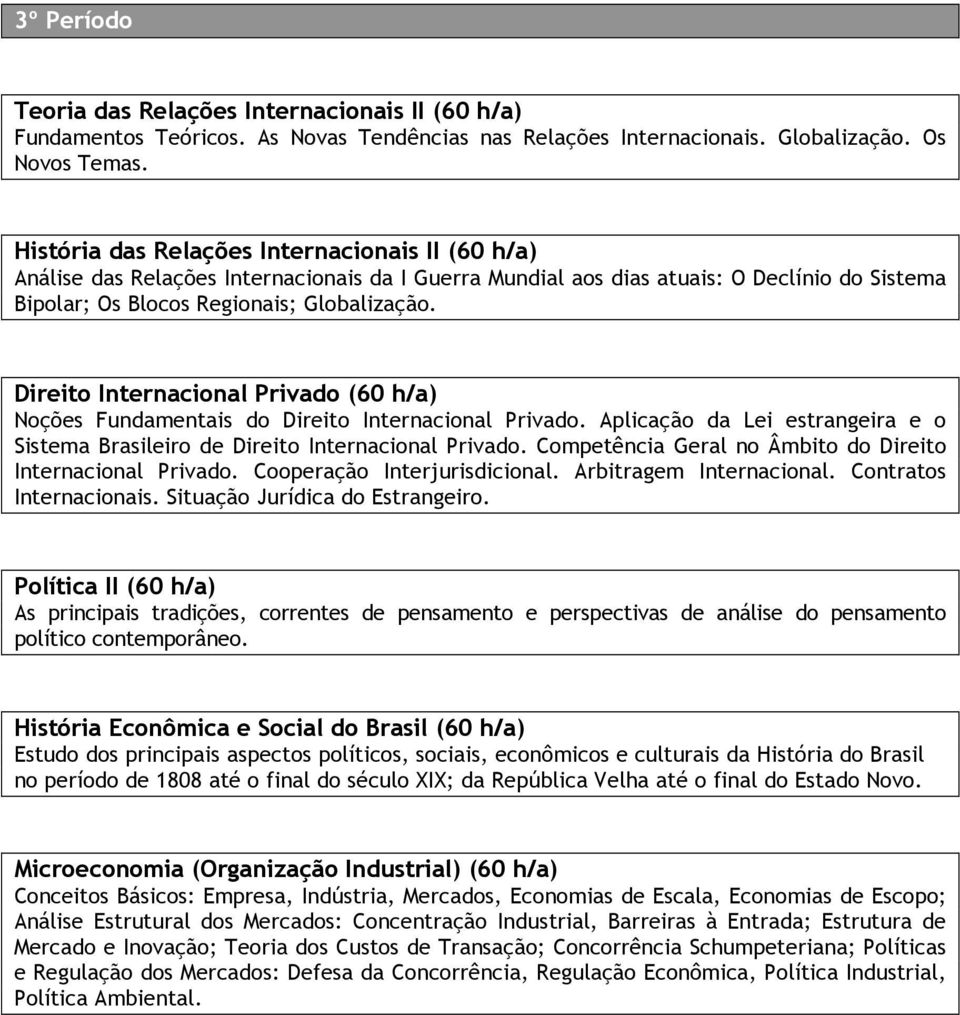 Direito Internacional Privado (60 h/a) Noções Fundamentais do Direito Internacional Privado. Aplicação da Lei estrangeira e o Sistema Brasileiro de Direito Internacional Privado.