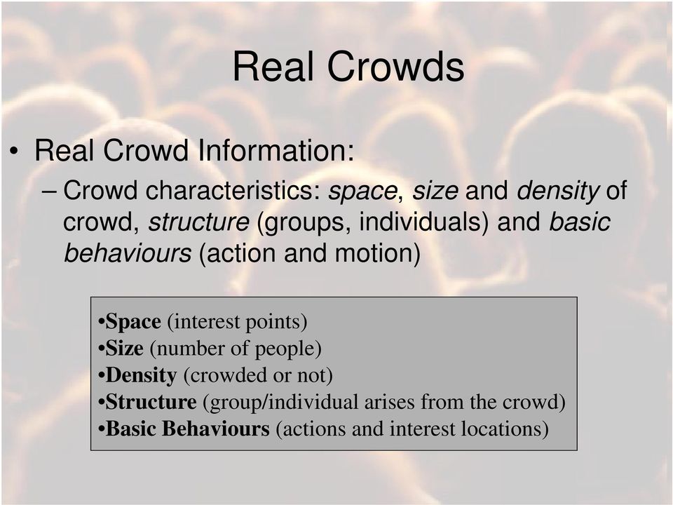 Space (interest points) Size (number of people) Density (crowded or not) Structure