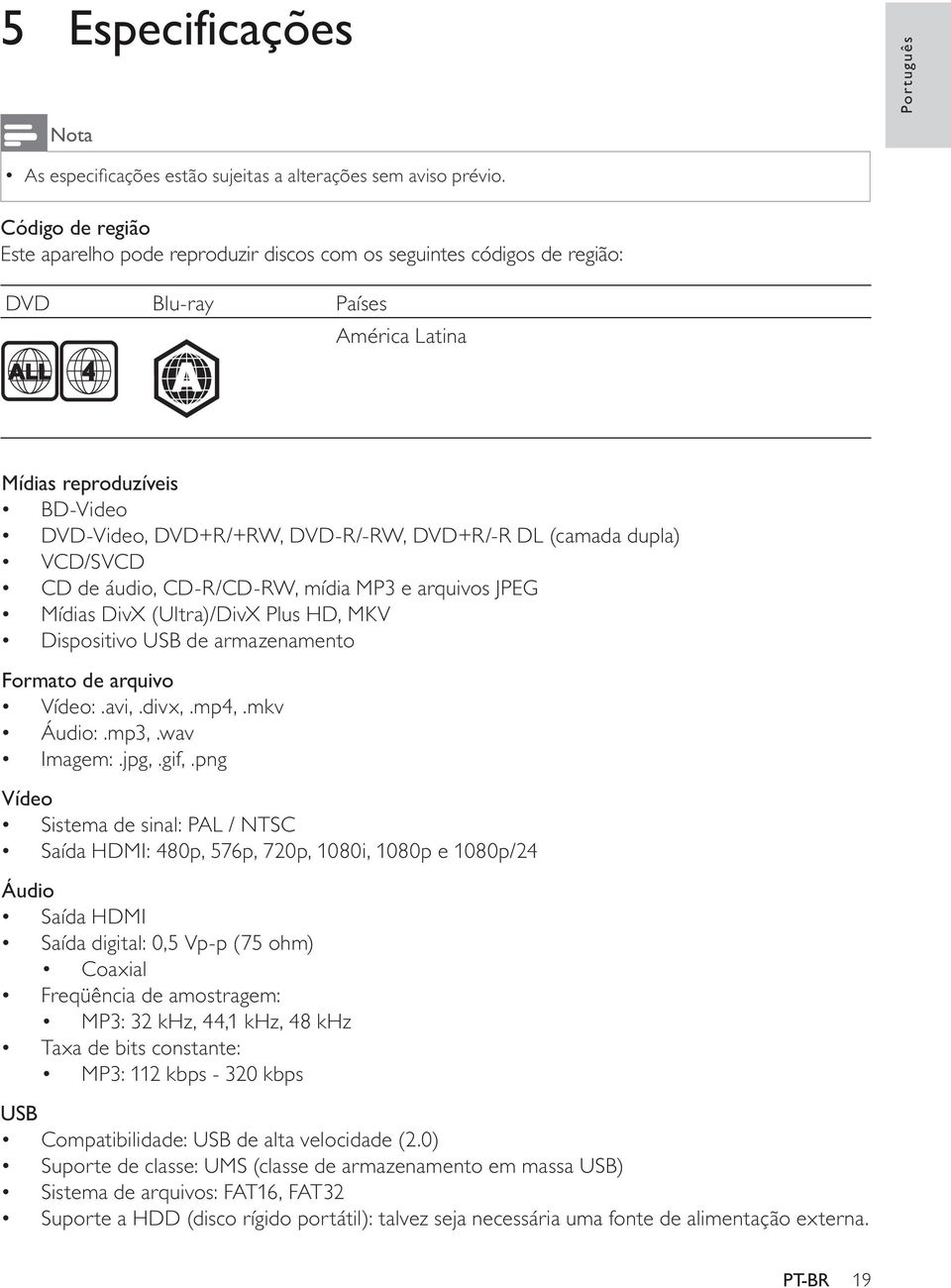 CD-R/CD-RW, mídia MP3 e arquivos JPEG Mídias DivX (Ultra)/DivX Plus HD, MKV Dispositivo USB de armazenamento Formato de arquivo Vídeo:.avi,.divx,.mp4,.mkv Áudio:.mp3,.wav Imagem:.jpg,.gif,.