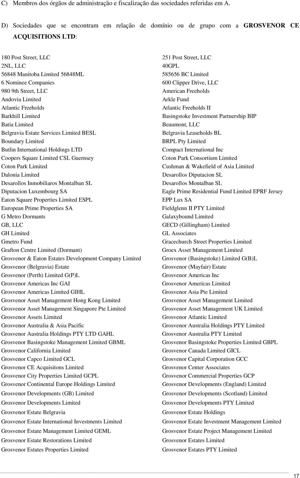 Limited 6 Nominee Companies 600 Clipper Drive, LLC 980 9th Street, LLC American Freeholds Andovia Limited Arkle Fund Atlantic Freeholds Atlantic Freeholds II Barkhill Limited Basingstoke Investment