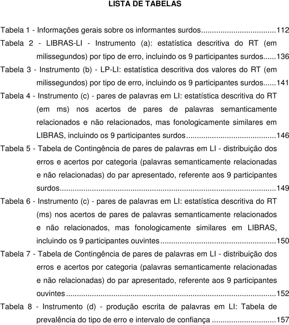 .. 136 Tabela 3 - Instrumento (b) - LP-LI: estatística descritiva dos valores do RT (em milissegundos) por tipo de erro, incluindo os 9 participantes surdos.