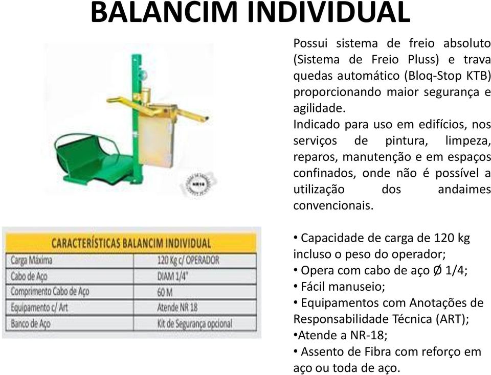 Indicado para uso em edifícios, nos serviços de pintura, limpeza, reparos, manutenção e em espaços confinados, onde não é possível a