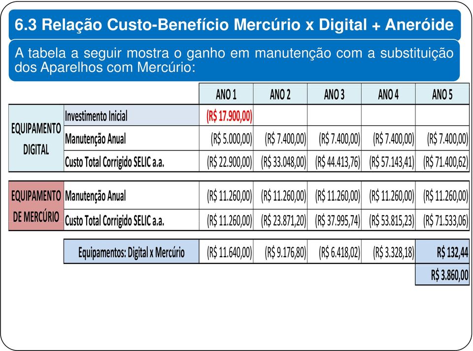 048,00) (R$ 44.413,76) (R$ 57.143,41) (R$ 71.400,62) EQUIPAMENTO Manutenção Anual (R$ 11.260,00) (R$ 11.260,00) (R$ 11.260,00) (R$ 11.260,00) (R$ 11.260,00) DE MERCÚRIO CustoTotalCorrigido Corrigido SELIC a.