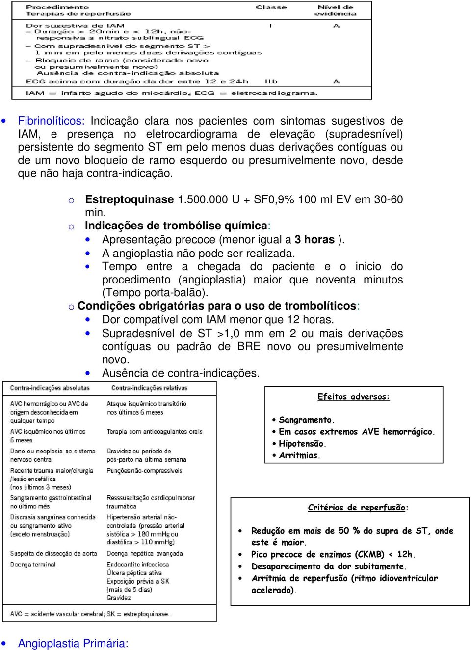 o Indicações de trombólise química: Apresentação precoce (menor igual a 3 horas ). A angioplastia não pode ser realizada.