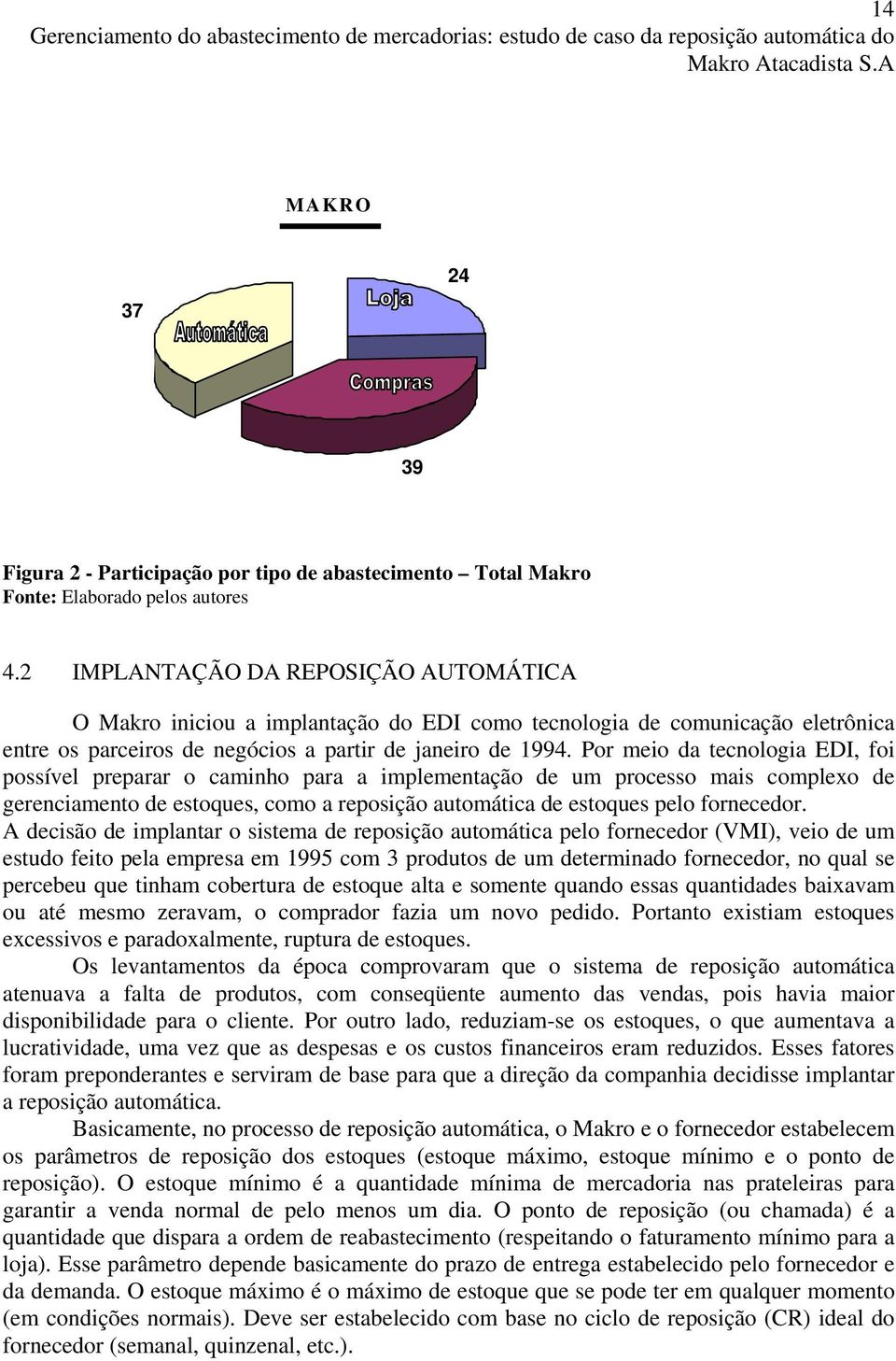 2 IMPLANTAÇÃO DA REPOSIÇÃO AUTOMÁTICA O Makro iniciou a implantação do EDI como tecnologia de comunicação eletrônica entre os parceiros de negócios a partir de janeiro de 1994.