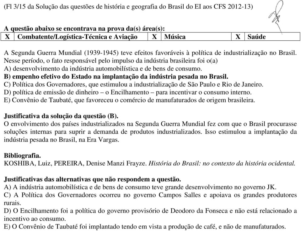 Nesse período, o fato responsável pelo impulso da indústria brasileira foi o(a) A) desenvolvimento da indústria automobilística e de bens de consumo.