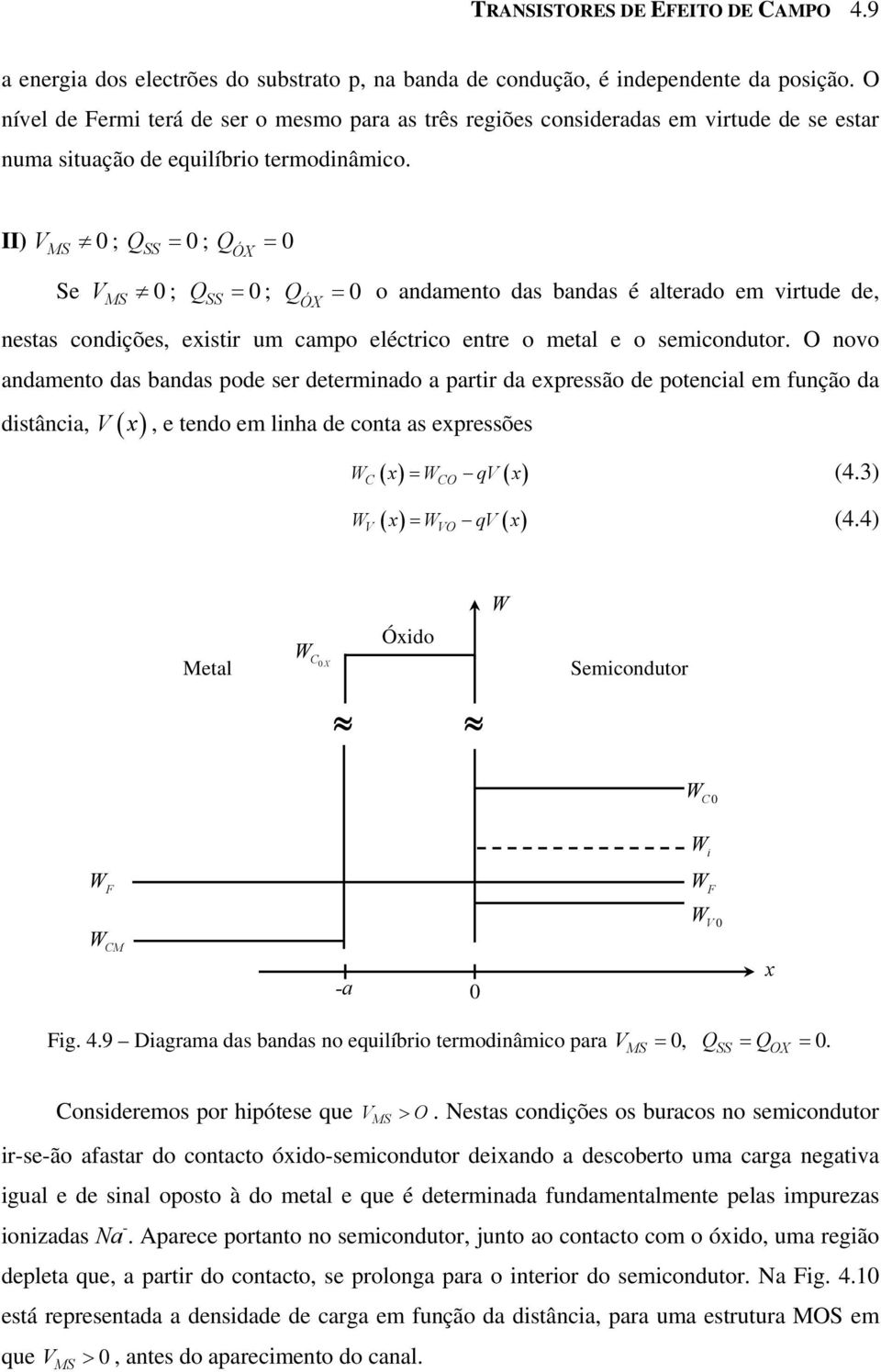 ) VM 0; Q = 0 ; Q = 0 ÓX e VM 0 ; Q = 0 ; Q = 0 o andamento das bandas é alterado em virtude de, ÓX nestas condições, existir um campo eléctrico entre o metal e o semicondutor.