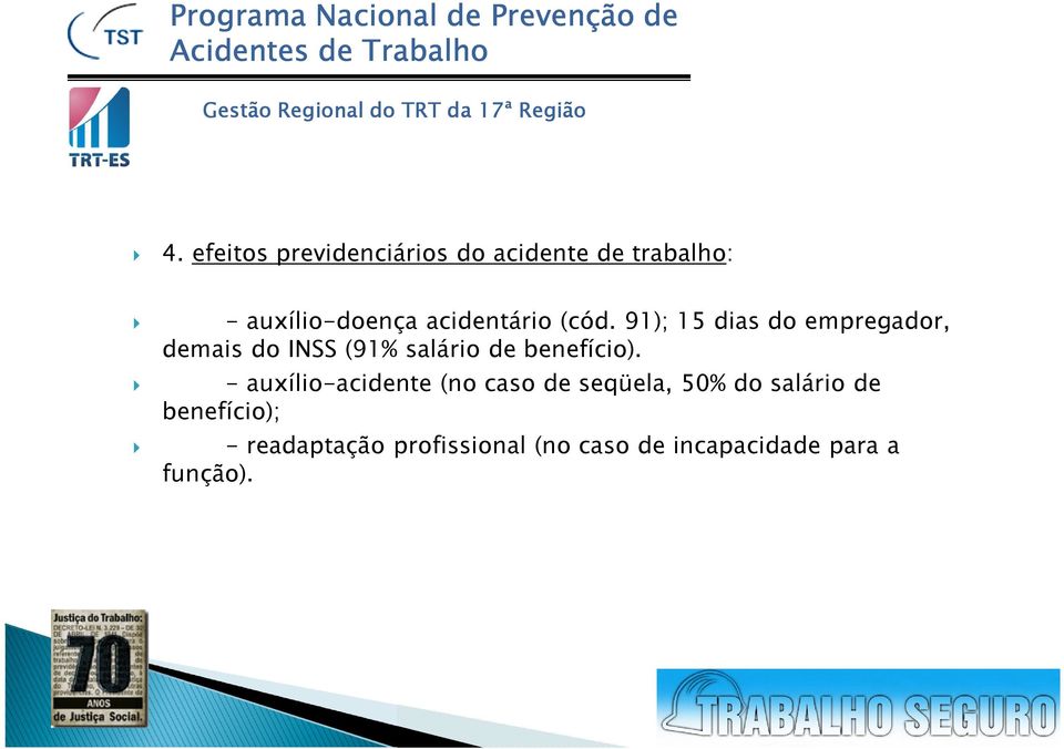 91); 15 dias do empregador, demais do INSS (91% salário de benefício).